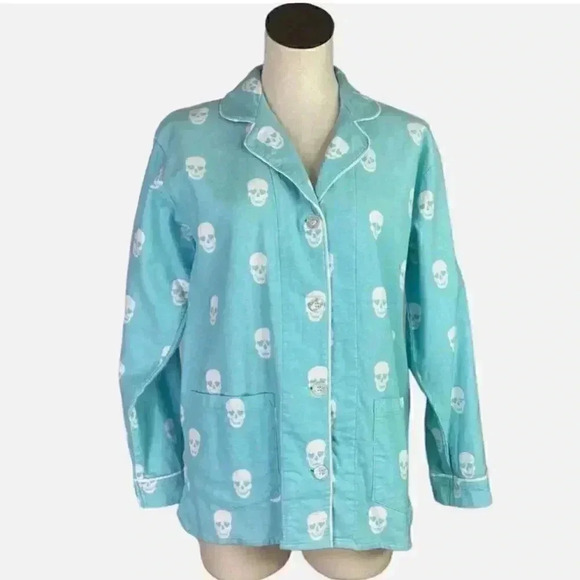 PJ Salvage Women XS WARM Aqua Blue/White SKULLS Flannel Pajama Top KIND IS COOL - Picture 1 of 8